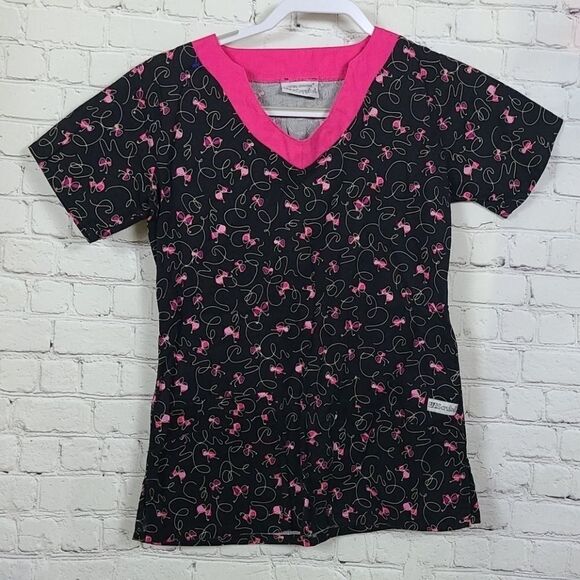 Medical Scrubs Top Black V-Neck Pink Scribble Bow Print Small Scrub Uniform - Picture 2 of 7